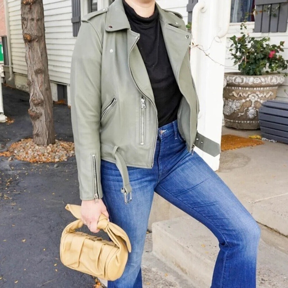 All Saints Balfern Biker Leather Jacket Sage Grey - Picture 2 of 8